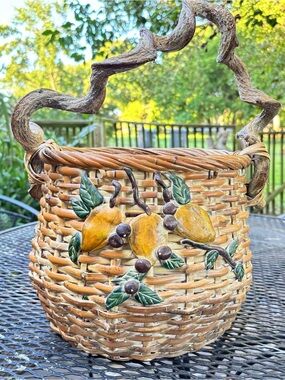 Vintage Woven Fruit Accent Basket with Curved Wood Handle